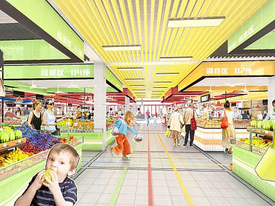 Supermarket Grocery Store With Fresh Fruit Section Shoppers And Shopping Carts 3d model