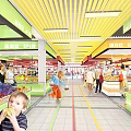 Supermarket Grocery Store With Fresh Fruit Section Shoppers And Shopping Carts