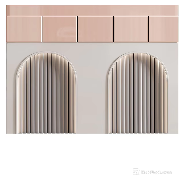Modern Bedroom Accent Wall Design With Arched Striped Panels In Pink Beige And Gray 3d model 