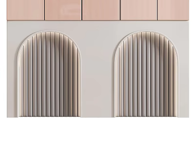 Modern Bedroom Accent Wall Design With Arched Striped Panels In Pink Beige And Gray 3d model