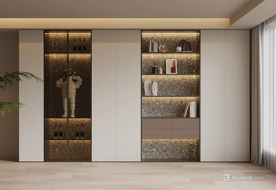 Modern Home Bookshelf Design With Glass Doors Layered Shelves And Living Room Storage 3d model 
