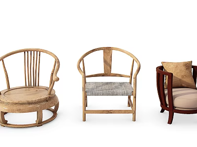 Three Stylish Leisure Chairs Featuring Wooden Frame Rattan And Fabric Cushion 3d model