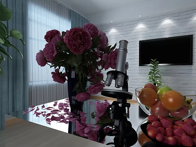 Interior Tabletop With Pink Peonies Microscope Fruits TV And White Brick Wall 3d model