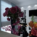 Interior Tabletop With Pink Peonies Microscope Fruits TV And White Brick Wall