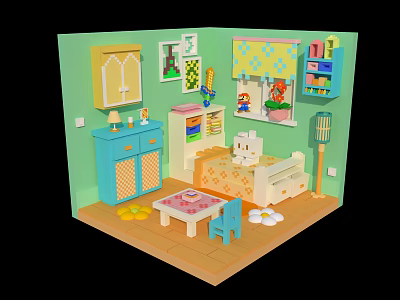 Cartoon Style Room Scene With Green Walls Blue Cabinets Small Bed Patterned Curtains And Bookshelf 3d model