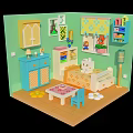 Cartoon Style Room Scene With Green Walls Blue Cabinets Small Bed Patterned Curtains And Bookshelf