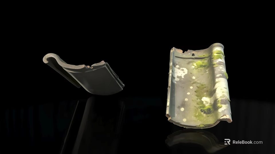 Old Roof Tiles With Moss Green And White Spots On Black Background 3d model 