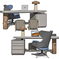 Modern Desk Interior With Ergonomic Chair Laptop And Gray Drawer Cabinet Stools
