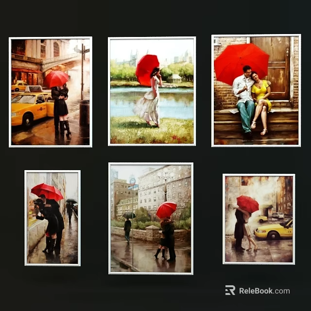 Figure Paintings With Red Umbrellas Depicting Couples In Various Rainy Scenes 3d model 