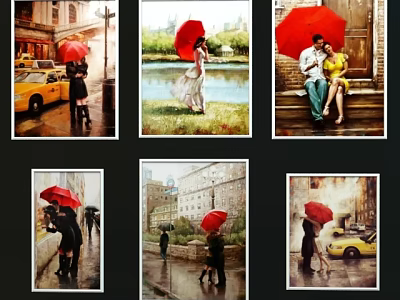 Figure Paintings With Red Umbrellas Depicting Couples In Various Rainy Scenes 3d model