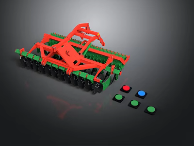 Red And Green Agricultural Cultivator With Black Components And Colorful Buttons 3d model