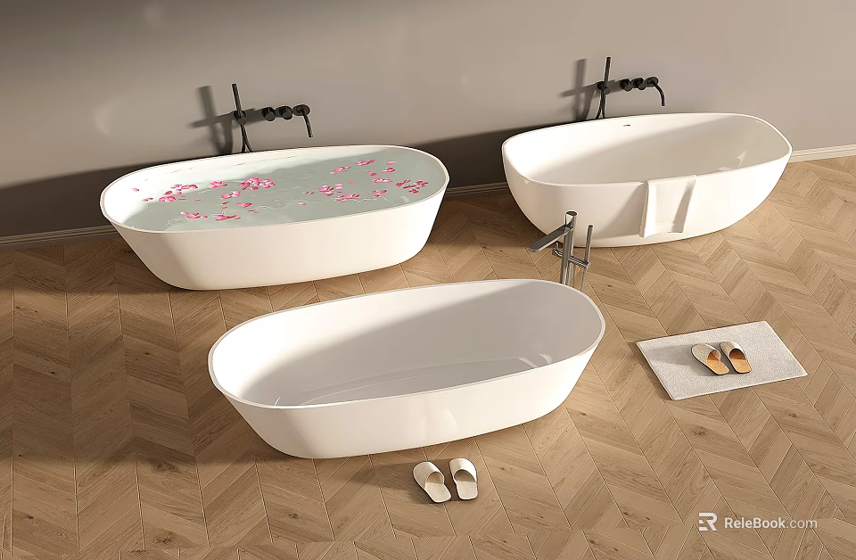 Modern Freestanding White Bathtubs with Flower Petals Wooden Floor and Slippers 3d model 