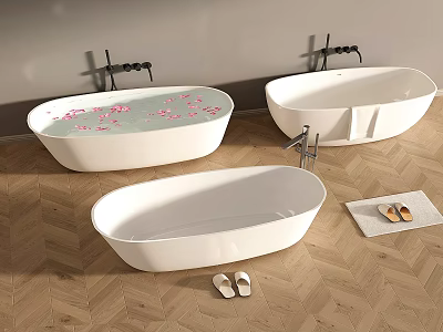 Modern Freestanding White Bathtubs with Flower Petals Wooden Floor and Slippers 3d model