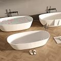 Modern Freestanding White Bathtubs with Flower Petals Wooden Floor and Slippers