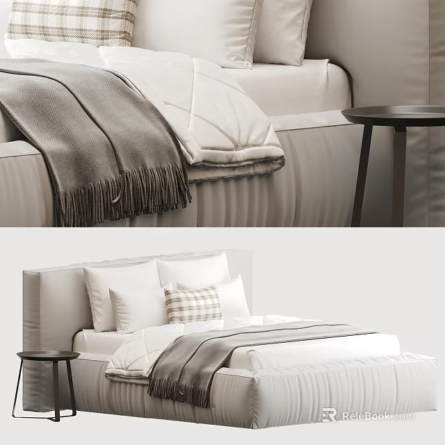 Modern Minimalist Double Bed Interior With White Sheets Gray Blanket Plaid Pillow And Bedside Table 3d model 