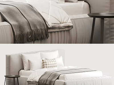 Modern Minimalist Double Bed Interior With White Sheets Gray Blanket Plaid Pillow And Bedside Table 3d model
