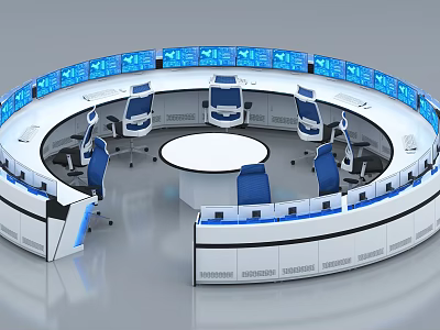 Modern Control Room With Circular Console Multiple Screens And Blue Chairs 3d model