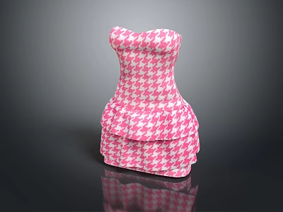 Fashionable Pink And White Houndstooth Strapless Dress With Layered Skirt Design 3d model