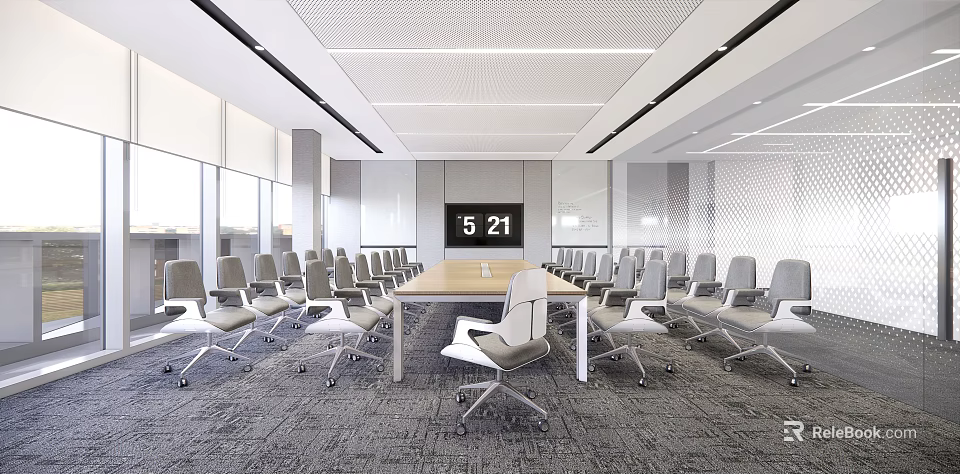Modern Conference Room with Long Table Gray Chairs Large Windows And Time Display Screen 3d model