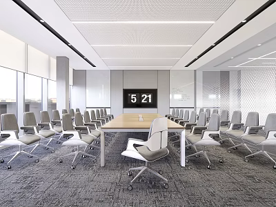 Modern Conference Room with Long Table Gray Chairs Large Windows And Time Display Screen 3d model