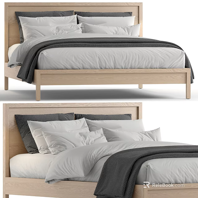Modern Double Bed With Wooden Frame White Gray Bedding And Cozy Pillows 3d model 