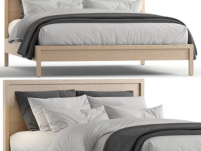 Modern Double Bed With Wooden Frame White Gray Bedding And Cozy Pillows 3d model
