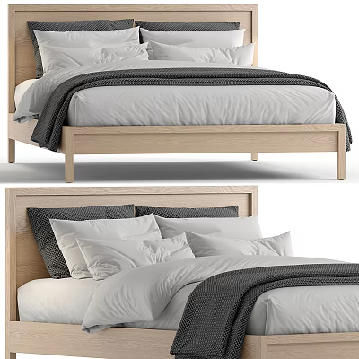 Modern Double Bed With Wooden Frame White Gray Bedding And Cozy Pillows 3d model