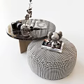 Modern Coffee Table Wooden Legs Black Tabletop Vase Dried Flowers Checkered Pouf Book