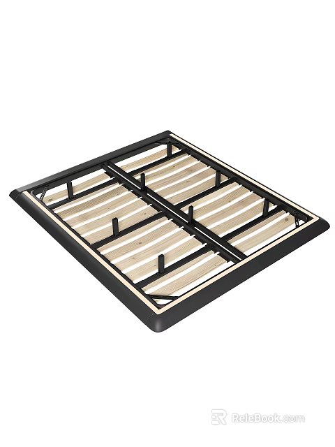 Sturdy Double Bed Frame With Wooden Slats And Black Metal Border For Bedroom Support 3d model 