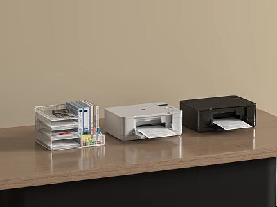 Office Desk With Printers Clear File Organizer And Office Appliances 3d model