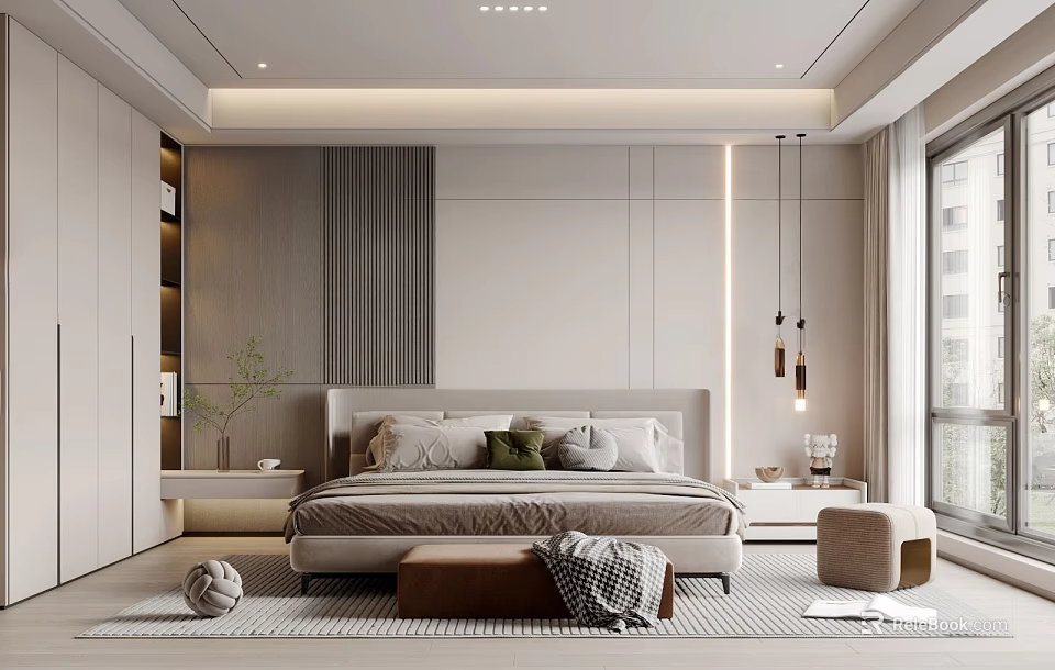 Modern Minimalist Bedroom Interior With Neutral Tones Plush Bed Decorative Pillows And Pendant Lights 3d model 