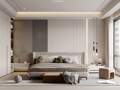 Modern Minimalist Bedroom Interior With Neutral Tones Plush Bed Decorative Pillows And Pendant Lights 3d model