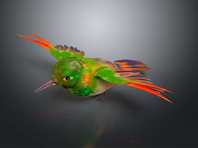 Vibrant Green And Orange Hummingbird With Spread Wings In Flight On Dark Background 3d model