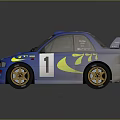 Blue Rally Car With BLUTUTU Logo Yellow Graphics And Gold Wheels
