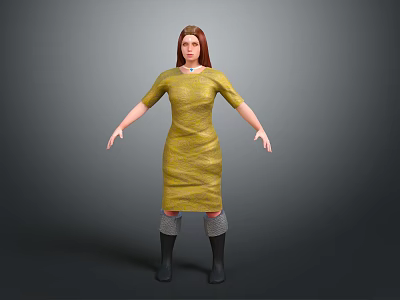 Woman In Yellow Dress With Gray Stockings And Black Boots On Gray Background 3d model