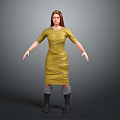 Woman In Yellow Dress With Gray Stockings And Black Boots On Gray Background