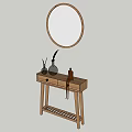 Wooden Entryway Cabinet Sideboard with Round Mirror Above Drawer and Lattice Shelf Design