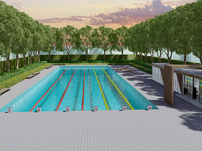 Outdoor Swimming Pool with Colorful Lane Lines Surrounded by Trees and Sunset Sky 3d model