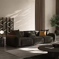 Modern Living Room With Dark Brown Sofa Light Wall Sunlight Shadows Curtains Cushions And Plant