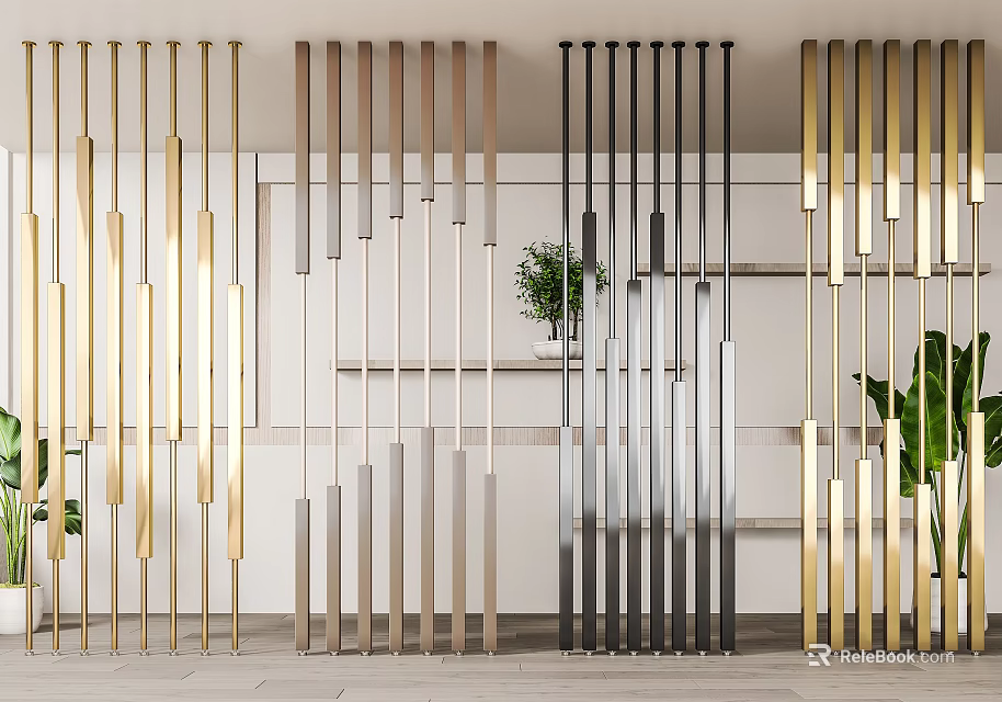 Modern Striped Metal Room Dividers In Black Gold Silver Colors For Interior Decoration With Plants 3d model 