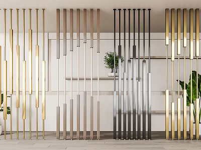 Modern Striped Metal Room Dividers In Black Gold Silver Colors For Interior Decoration With Plants 3d model