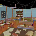 Cartoon Classroom Scene With Desks Chairs Books Stationery Bookshelf And Orange Floors