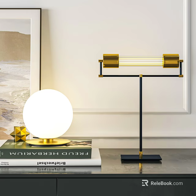 Modern Gold Black Metal Table Lamp With Sphere Shade On Books Decor 3d model 