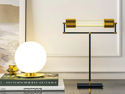 Modern Gold Black Metal Table Lamp With Sphere Shade On Books Decor 3d model