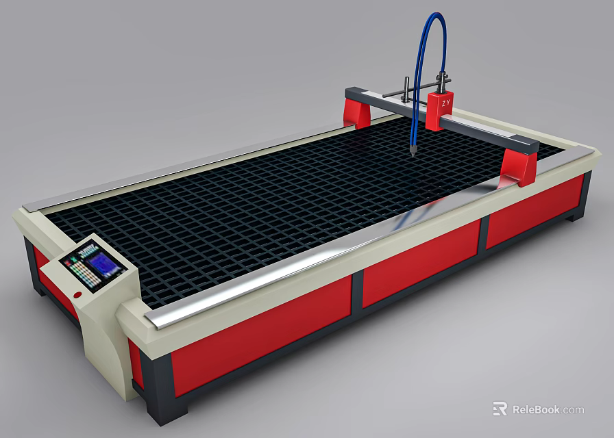 Industrial CNC Metal Cutting Machine Featuring Blue Mechanical Arm Black Grid Worktable And Control Panel 3d model