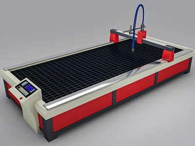 Industrial CNC Metal Cutting Machine Featuring Blue Mechanical Arm Black Grid Worktable And Control Panel 3d model