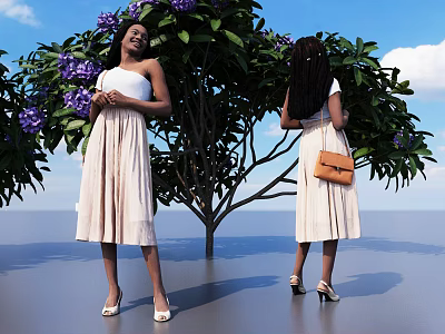 Two women in pastel dresses standing by tree with purple flowers under blue sky 3d model