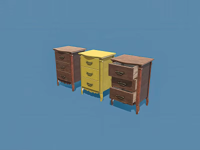 Three Stylish Wooden Chests of Drawers in Brown and Yellow on Blue 3d model