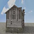 Old Western Style Two Story Wooden Building With Weathered Roof And Stone Base