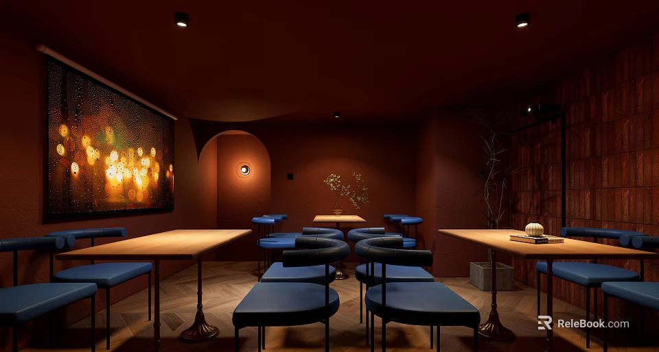 Cozy Bar Interior With Brown Walls Blue Seats Wooden Tables And Warm Lighting 3d model 